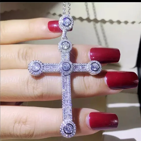 New Luxury 925 Silver Beautiful Cross For Men Women Diamond Necklace - Picture 6 of 15